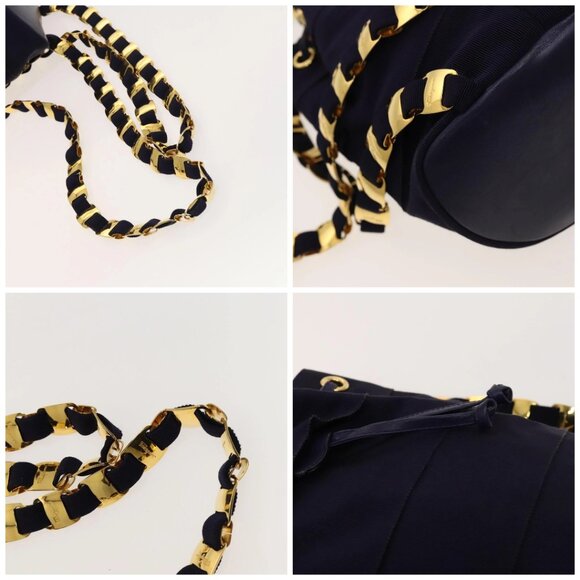 Salvatore Ferragamo Vala Chain Backpack Canvas Navy Gold Auth BA3335 main image 4